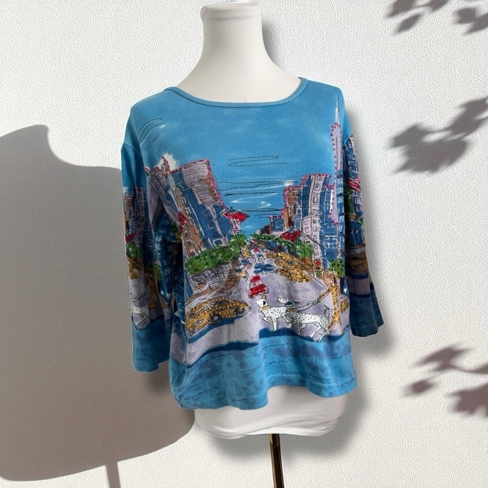 Vintage Artsy Cityscape Top – Whimsical Boho Graphic Shirt beaded y2k XL